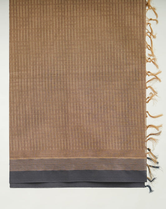 Pure Handloom Cotton Saree – Brown Body with Subtle Golden Stripes & Charcoal Border