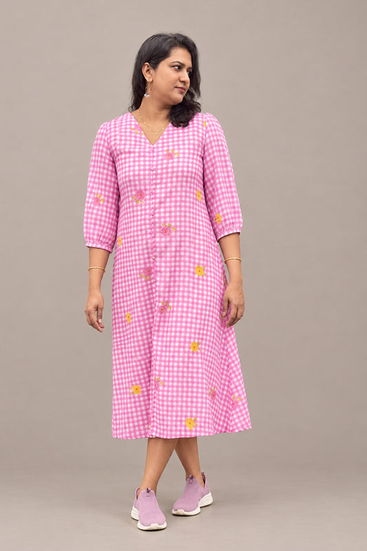 Rose color check A line mulcotton dress