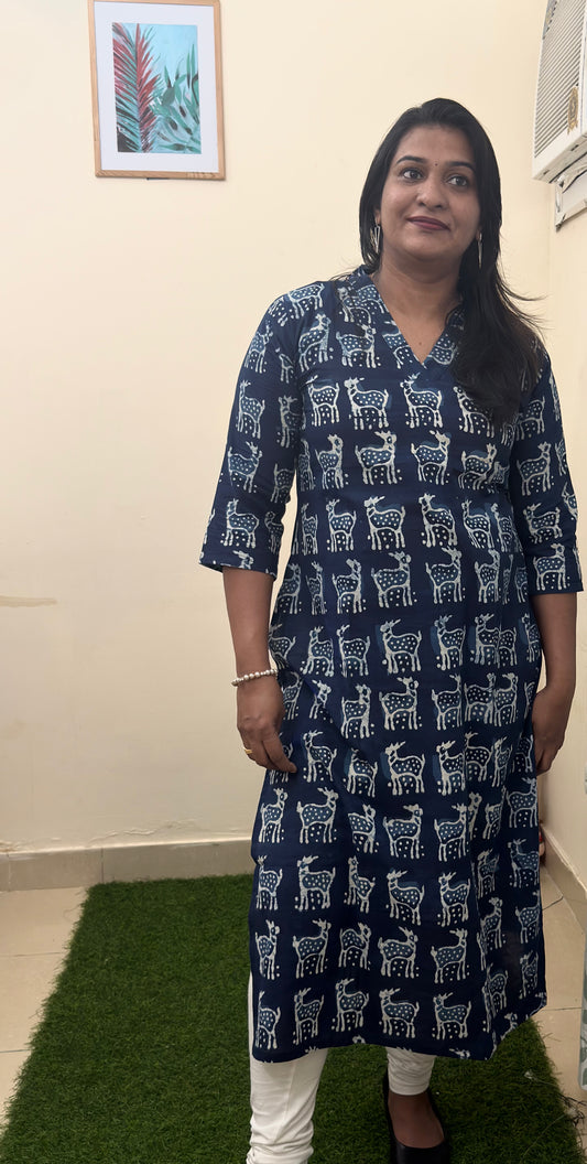 Indigo Hand Print Blue Slit Kurti – Deer Motif