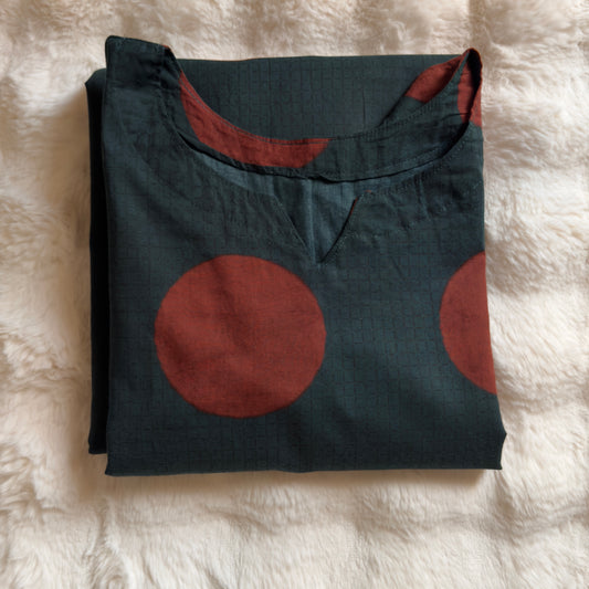 Forest Green Fabric with Large Coral Polka Dots A line dress