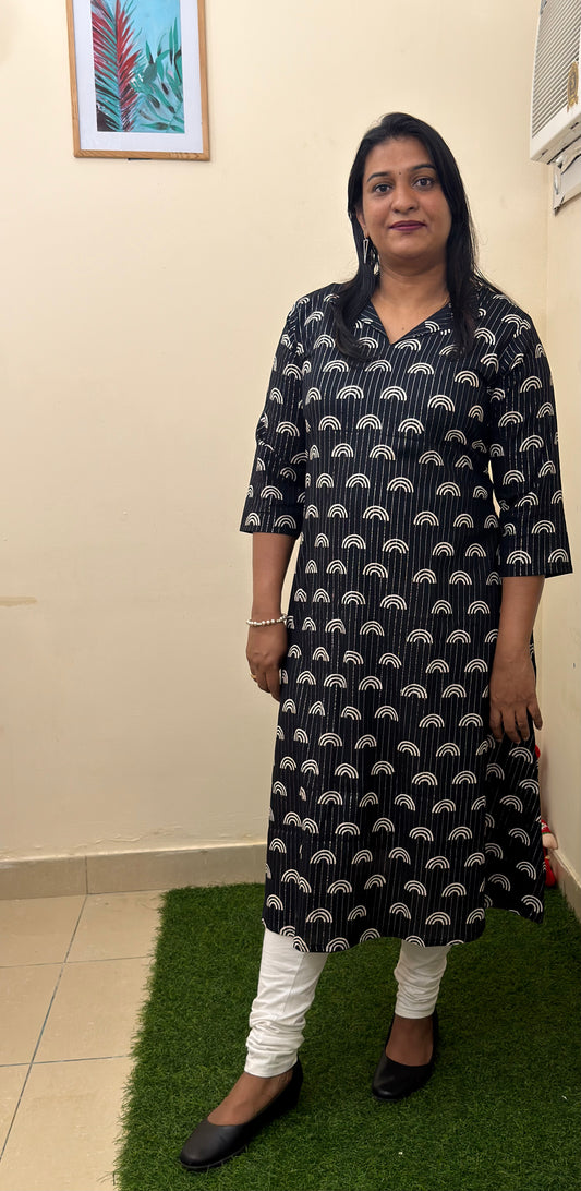 A-Line Lurex Black & White Kurti – Flap Neck