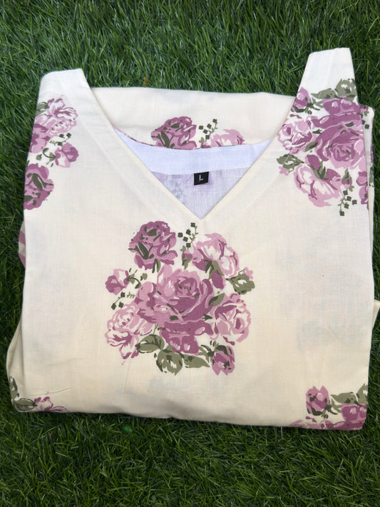 Purple & Off-White Pure Cotton Kurti Set – V-Neck Top with Pant