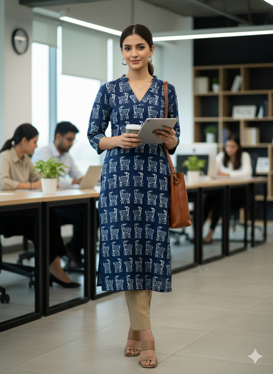 Indigo Hand Print Blue Slit Kurti – Deer Motif