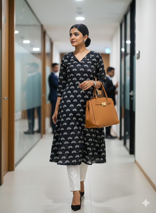 A-Line Lurex Black & White Kurti – Flap Neck code001