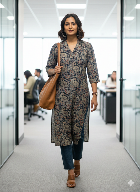 Cotton Kalamkari Slit Kurti – Collar Neck