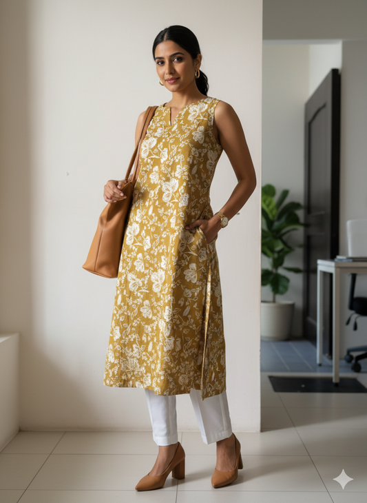 Yellow Vatican Foil Fabric A-Line Kurti – Sleeveless Top with Inner Cap Sleeve