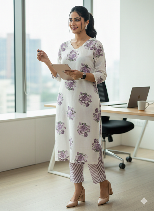 Purple & Off-White Pure Cotton Kurti Set – V-Neck Top with Pant