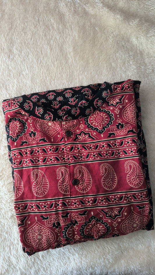 Red & Black Ajrakh Print Cotton A-Line Kurti – Free Size | MY Trexora/TRX_KUR_0020