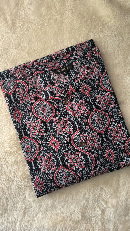 Black & Red Katha Cotton Kurti – Elegant Ethnic Daily Wear | MY Trexora/TRX_KUR_0021