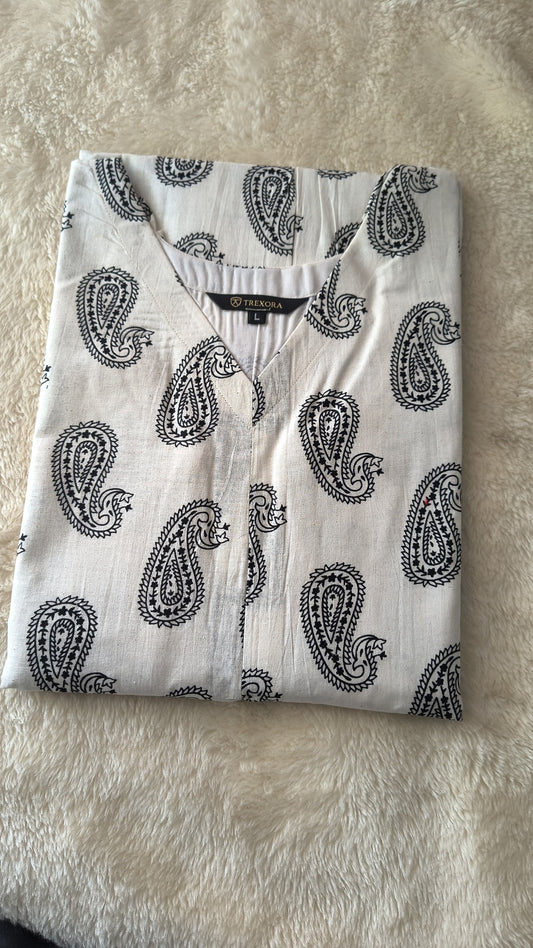 White Paisley Print Cotton Kurti for Women – Soft & Elegant Daily Wear | MyTrexora