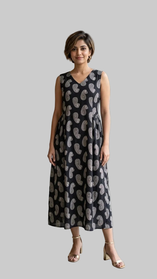 A line Black Sleeveless Paisley Print Kurti – Comfortable Daily Wear