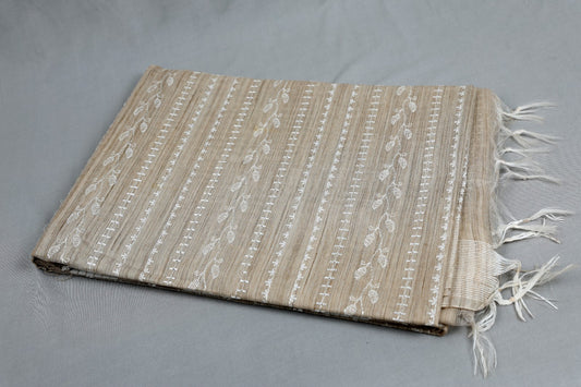 Pure Cotton Beige & White Woven Striped Saree with Leaf Motifs | TREXORA Soft Lightweight Daily Wear Saree