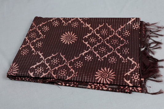 Pure Cotton Maroon Batik Print Saree with Checks & Floral Motifs | TREXORA Soft Lightweight Daily Wear Saree