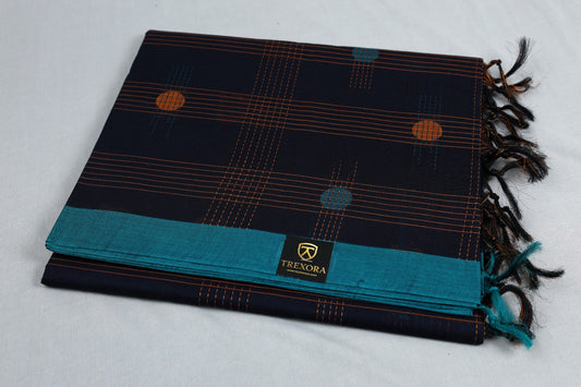 Premium Handloom Cotton Saree – Charcoal Black with Teal Border | Trexora
