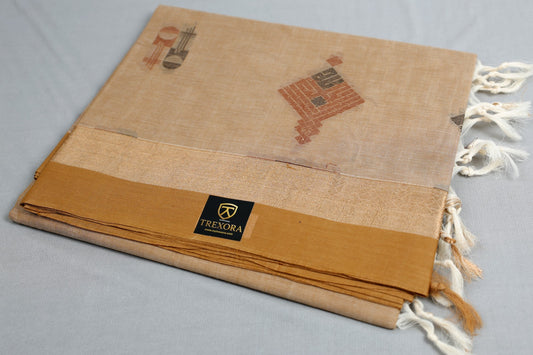 Sandal Colour 100% Pure Cotton Saree with Mustard Border