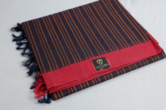 Trexora Navy Striped Cotton Saree with Classic Maroon Border