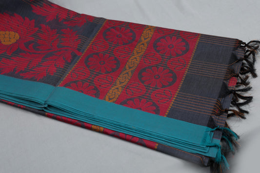 Premium Handloom Cotton Saree – Charcoal Black with Teal Border | Trexora