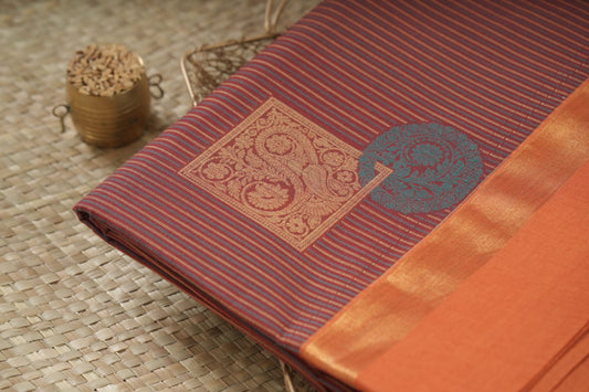 Rust Orange & Maroon Striped Cotton Saree with Traditional Woven Motifs – Premium Handloom Look
