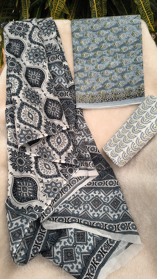 Exclusive hand block printed cotton salwar suit with mull cotton heavy print dupttaTRX_MAT_3008