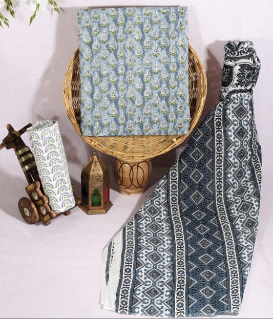 Exclusive hand block printed cotton salwar suit with mull cotton heavy print dupttaTRX_MAT_3008