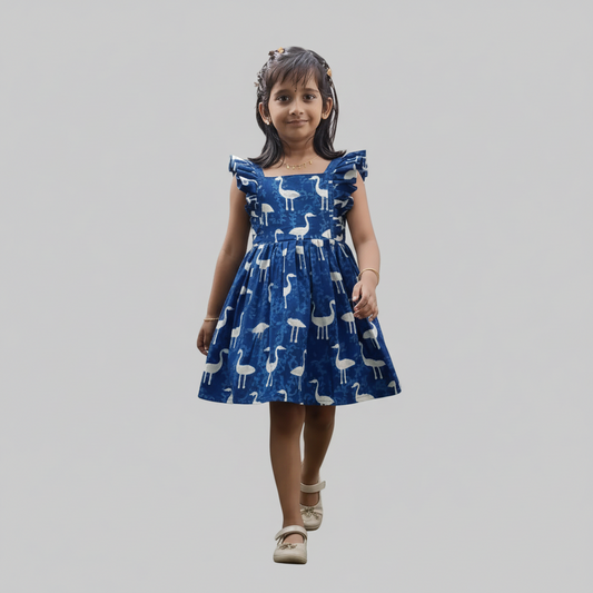 Hand Block Indigo Blue Cotton dress For kids