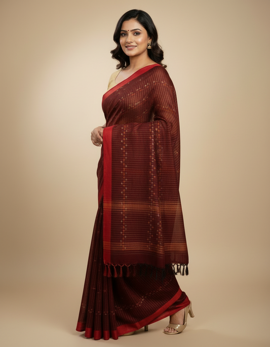 Pure Cotton Maroon Saree with Red Border & Ikat-Inspired Motifs