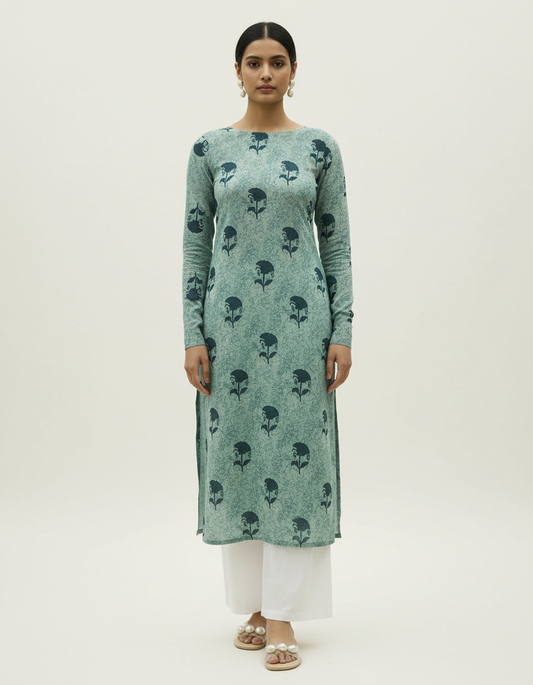 Green Full Sleeve Kurti with Small Floral Print – High Round Neck