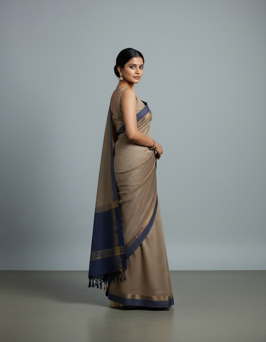 Elegant Light Brown Pure Cotton Saree with Navy Border – TREXORA