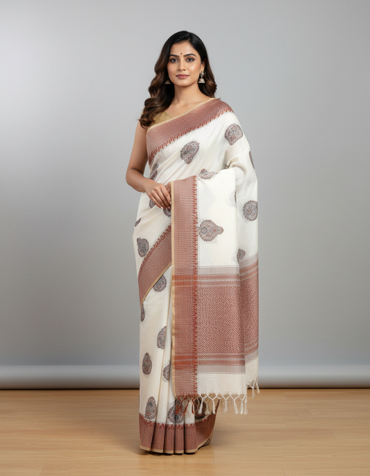 Cream Cotton Saree with Rust Border & Grey Paisley Motifs