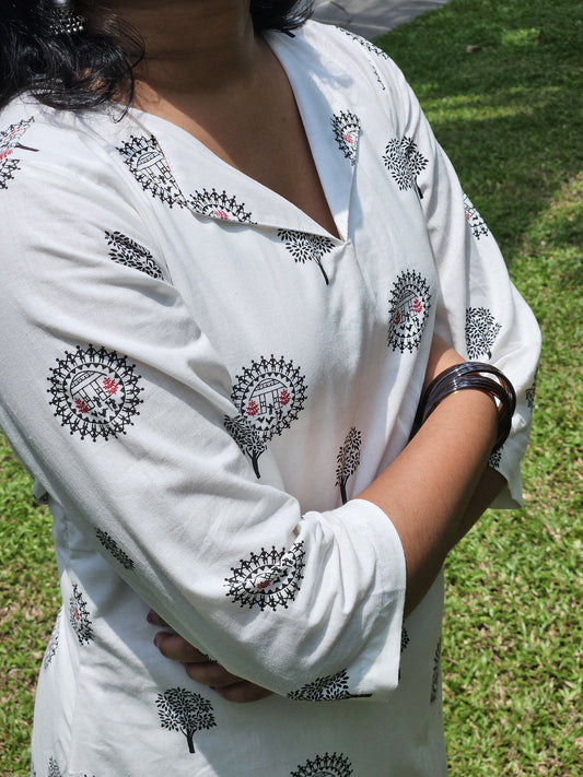 White Hand Block Printed Cotton Kurti for Women