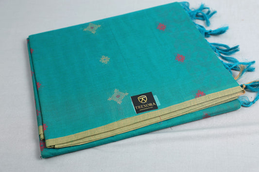 Teal Blue 100% Pure Cotton Saree with Blue-Green Contrast Border & Pink Geometric Pallu