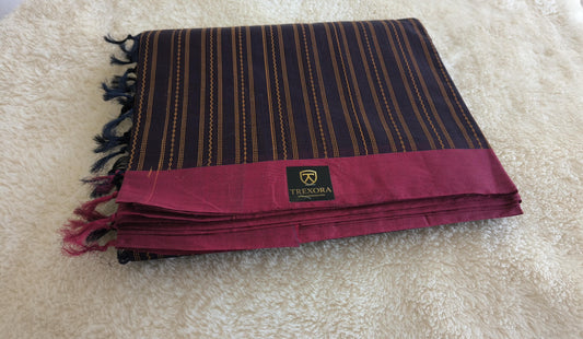 Trexora Navy Striped Cotton Saree with Classic Maroon Border