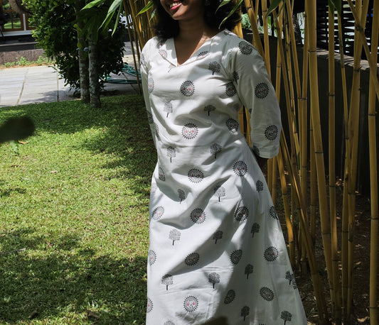 White Hand Block Printed Cotton Kurti for Women