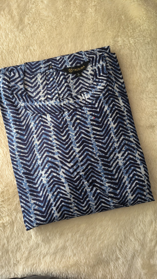 Elegant Blue Printed Cotton Long Kurti for Women – A-Line Tiered Casual Dress | MyTrexora