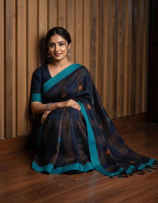 Premium Handloom Cotton Saree – Charcoal Black with Teal Border | Trexora