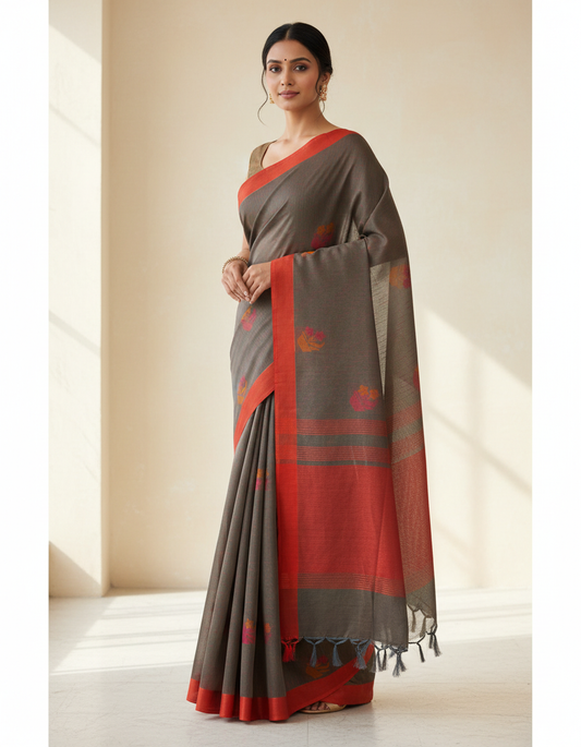 Pure Cotton Grey Floral Saree with Contrast Red Border & Tassels
