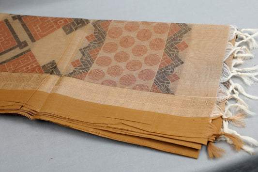 Sandal Colour 100% Pure Cotton Saree with Mustard Border