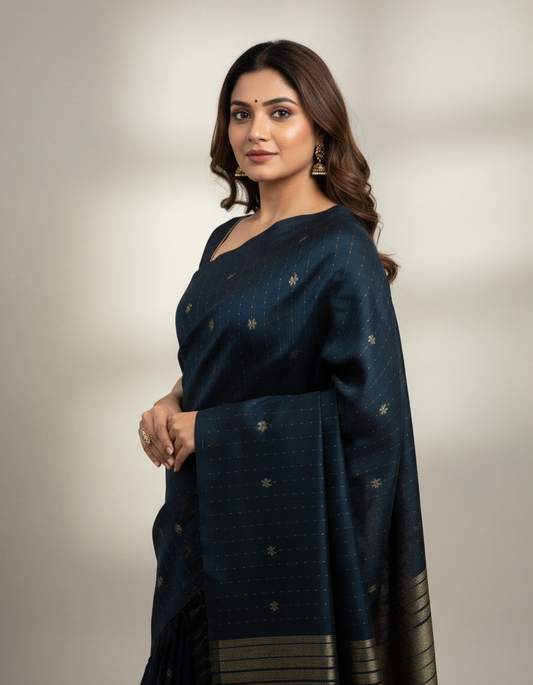 TREXORA Pure Cotton Navy Blue Saree with Orange Paisley & Traditional Border
