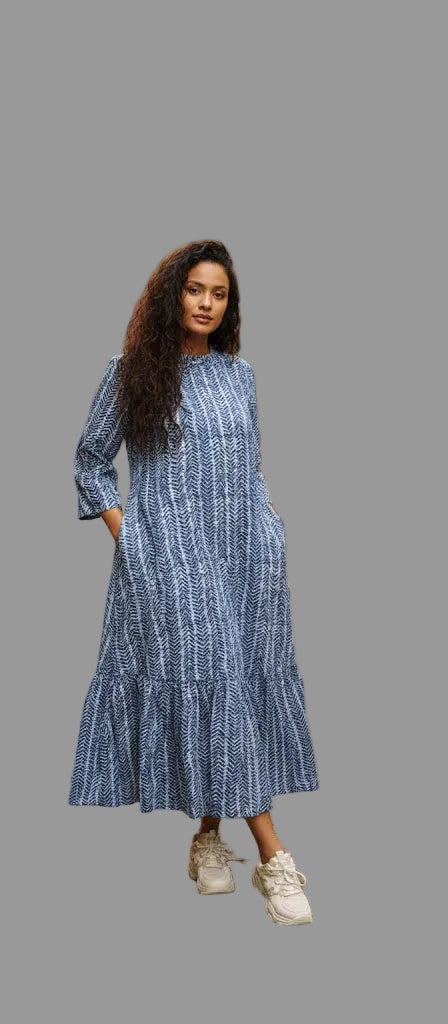 Elegant Blue Printed Cotton Long Kurti for Women – A-Line Tiered Casual Dress | MyTrexora