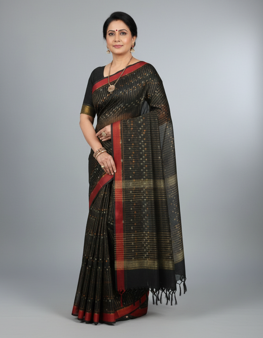 Trexora Pure Cotton Black Saree with Red Border & Ikat Motifs