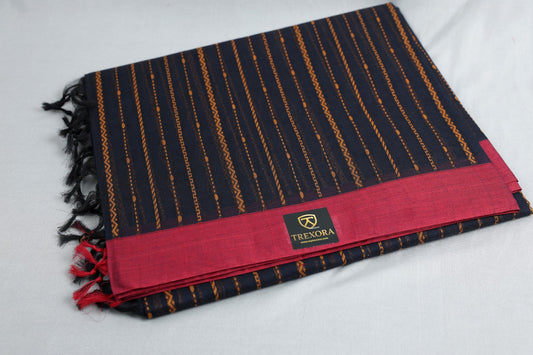 Pure Cotton Handloom Saree – Black with Golden Border & Mustard Woven Design