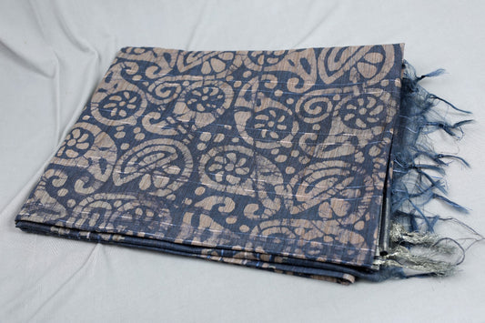 Trexora Blue & Beige Printed Cotton Saree with Artistic Motifs