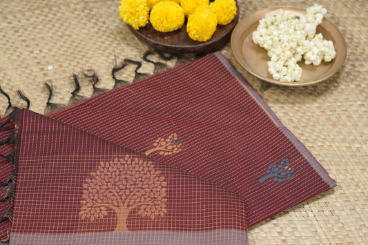 Maroon Cotton Saree with Tree Motif |  Traditional Saree for Festivals & Pujas