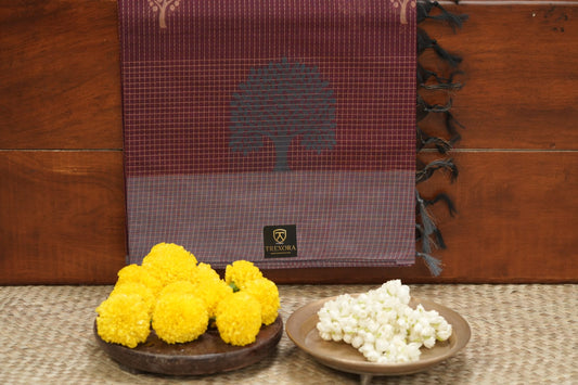 Maroon Cotton Saree with Tree Motif |  Traditional Saree for Festivals & Pujas