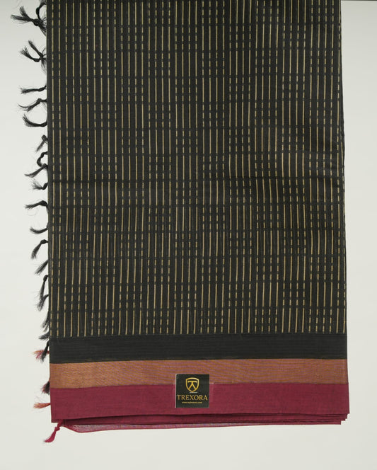 Black & Gold Striped Cotton Saree with Maroon Border – Trexora Premium Handloom Collection