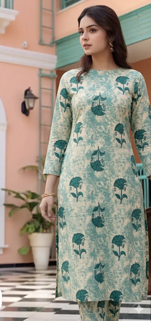 Green Full Sleeve Kurti with Small Floral Print