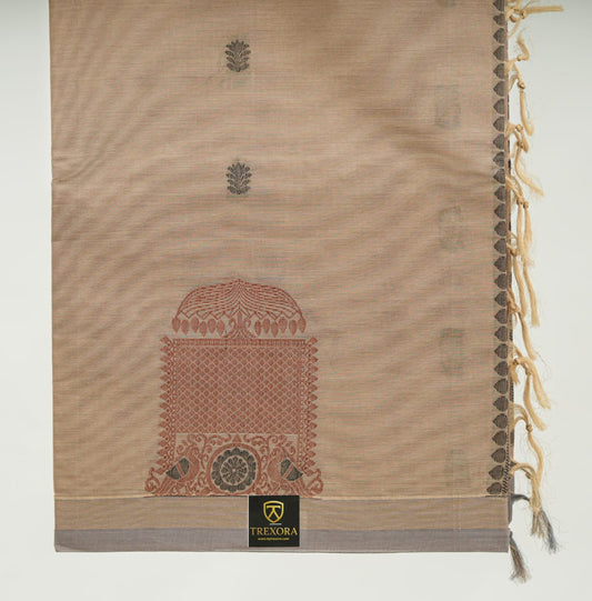 Pure Cotton Handloom Saree – Beige Body with Traditional Temple Motif & Subtle Grey Border | Trexora