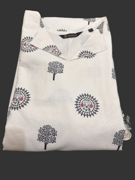 White Hand Block Printed Cotton Kurti for Women