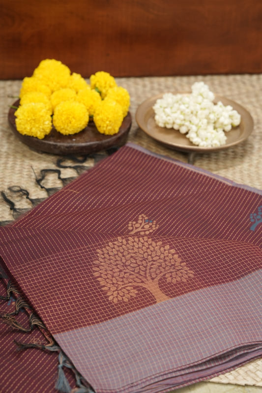 Maroon Cotton Saree with Tree Motif |  Traditional Saree for Festivals & Pujas