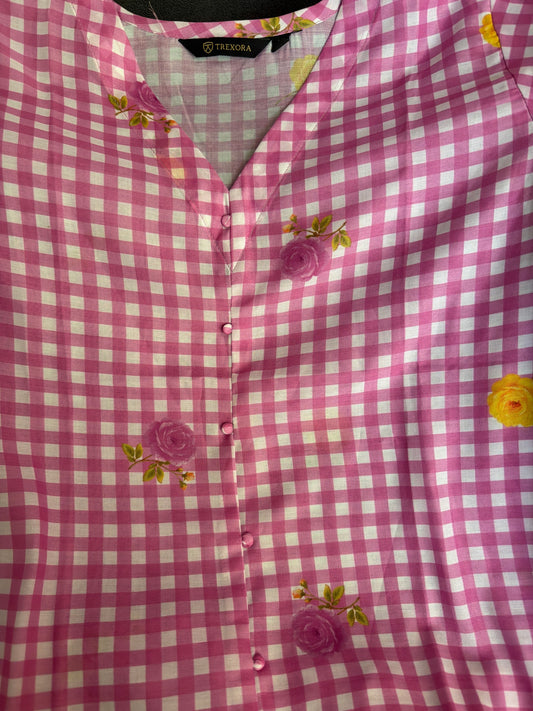 Rose color check A line mulcotton dress